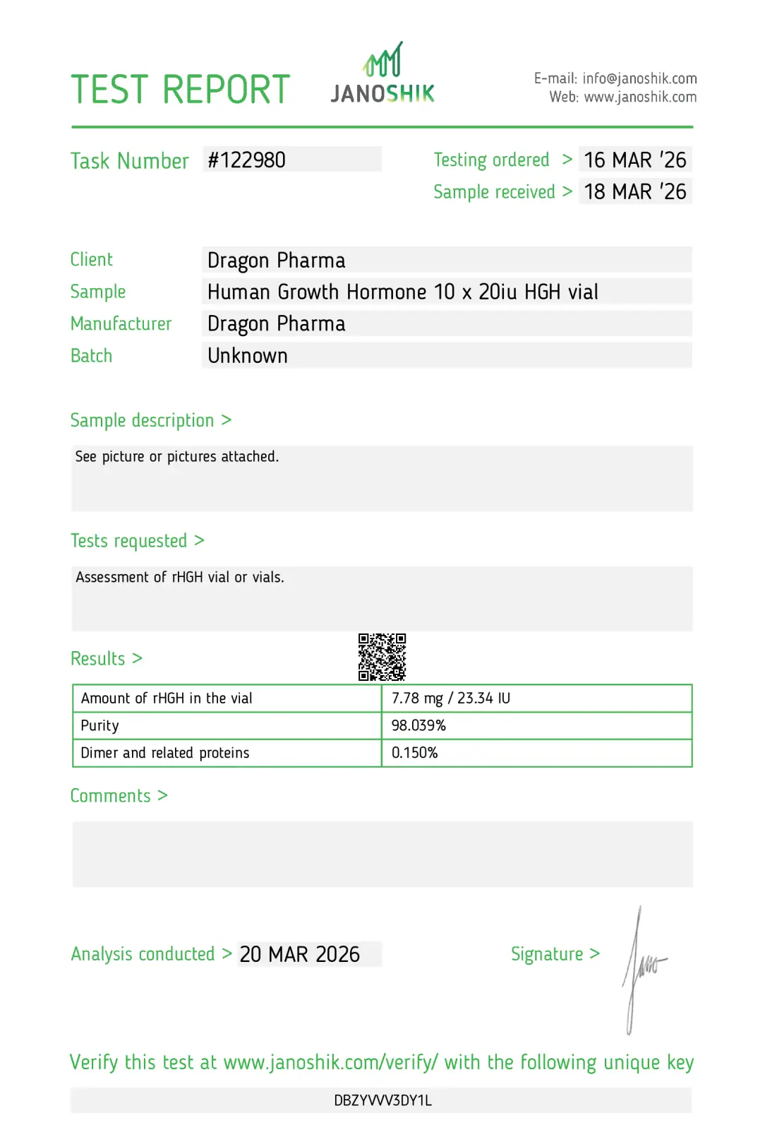 Dragontropin 20iu lab tested